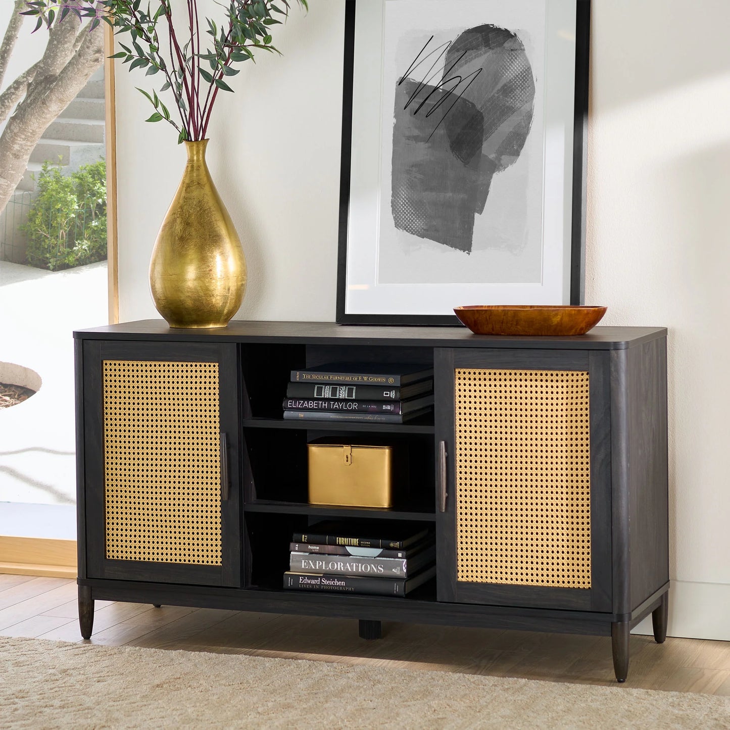 Springwood Cane TV Stand for Tvs up to 65 In, Charcoal