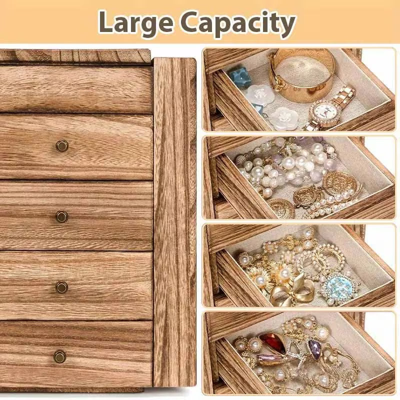 5-Layer Jewelry Storage Box with Mirror, Rustic Wooden Jewelry Organizer for Rings, Earrings & Necklaces