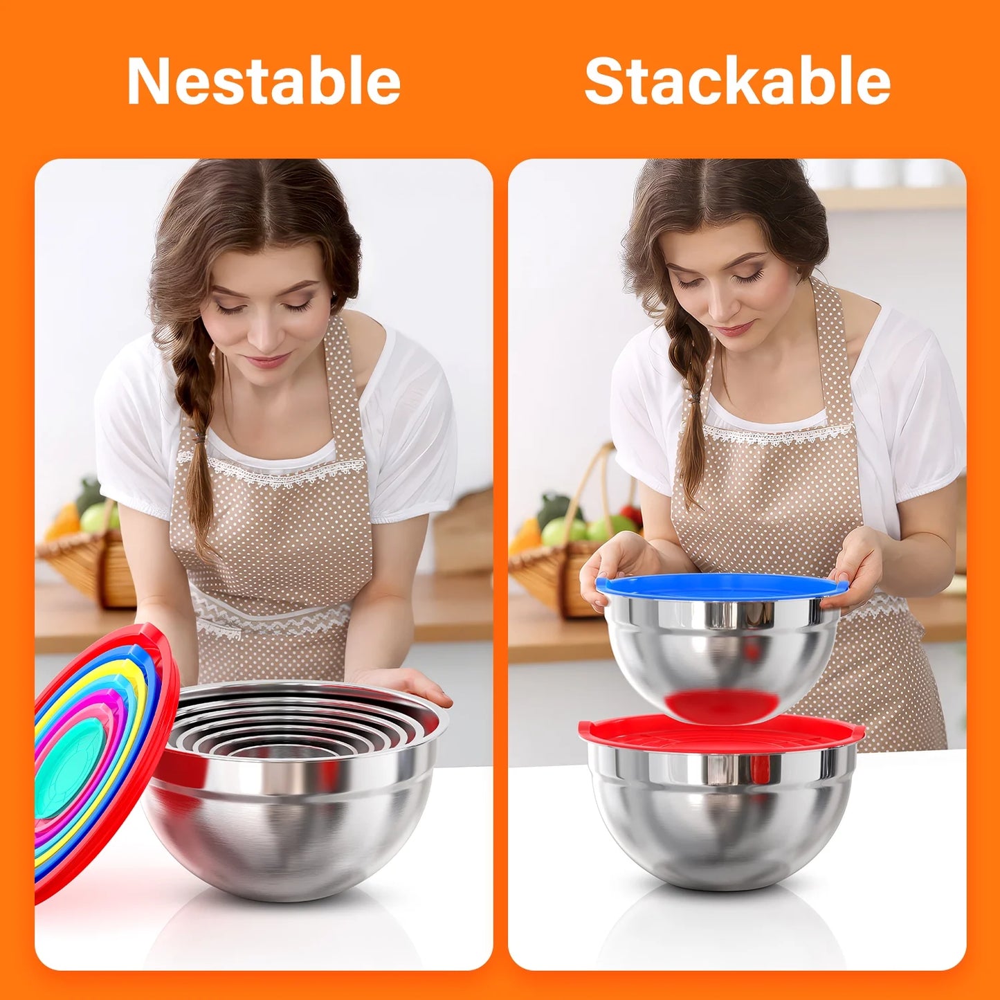7 Pack Stainless Steel Mixing Bowls with Lids, Nesting Kitchen Prep and Food Storage Bowls Set, up to 7 Qt, Dishwasher Safe, Color