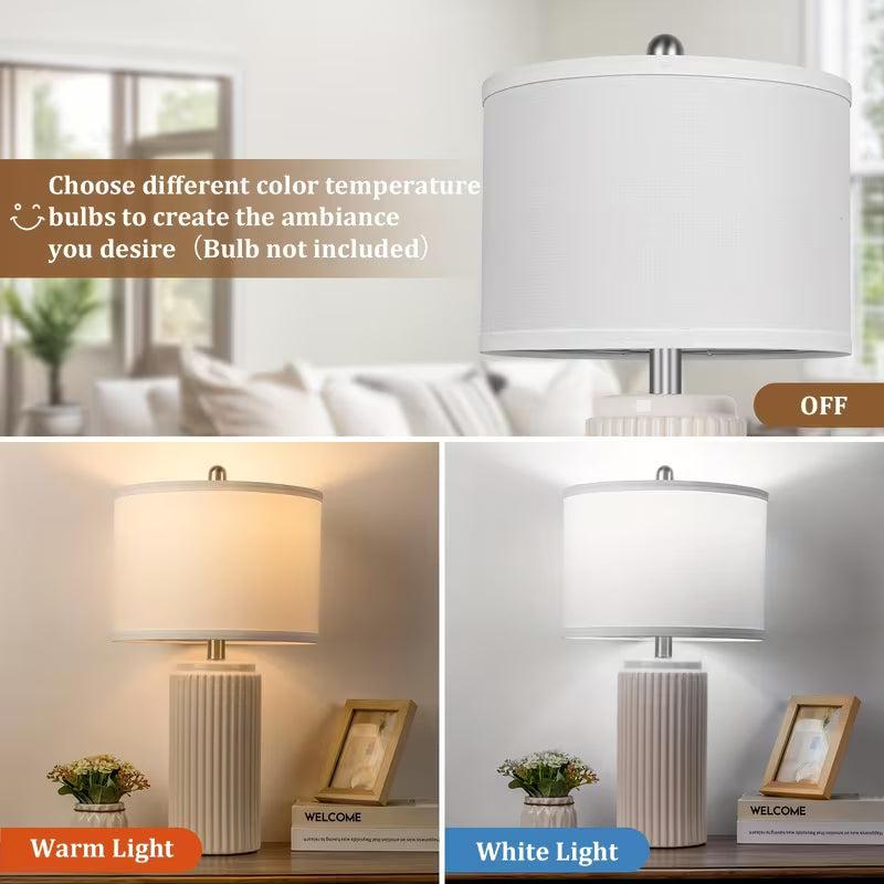 Set of 2 Ceramic Table Lamps with White Linen Shades – Vintage Rustic Bedside Lamps