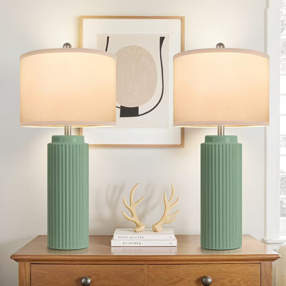 Set of 2 Ceramic Table Lamps with White Linen Shades – Vintage Rustic Bedside Lamps