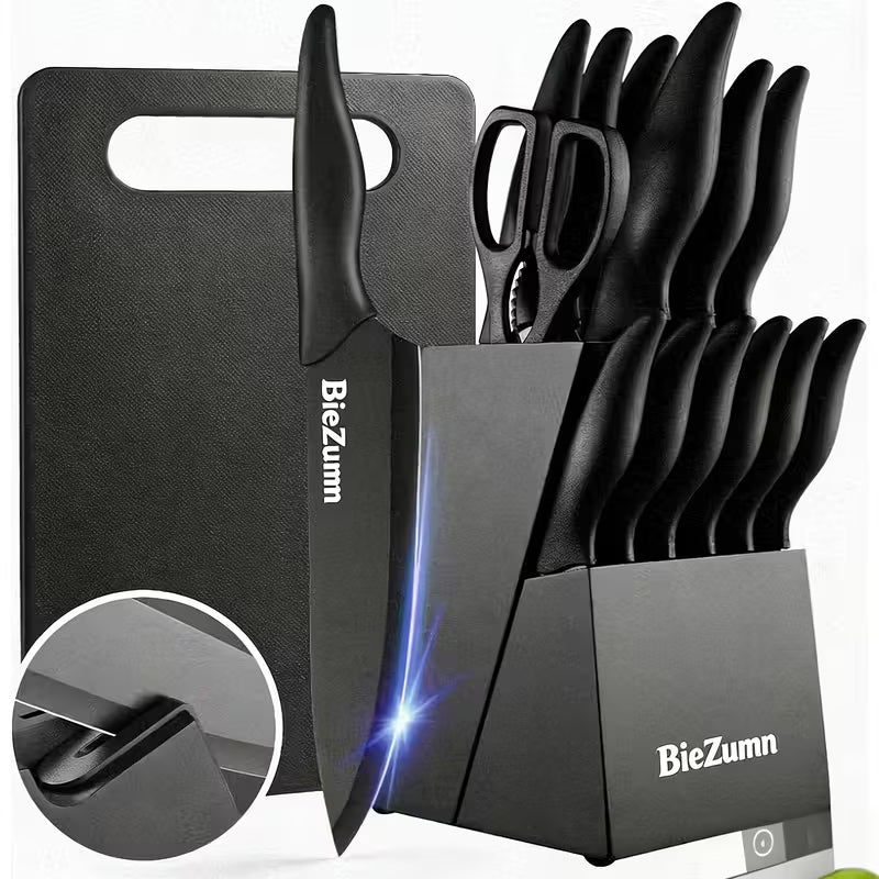 15-Piece Stainless Steel Kitchen Knife Set with Knife Block and Built-In Sharpener
