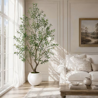 5–8 FT Artificial Olive Tree with White Round Planter – Lifelike Faux Indoor Floor Plant for Home & Office Décor