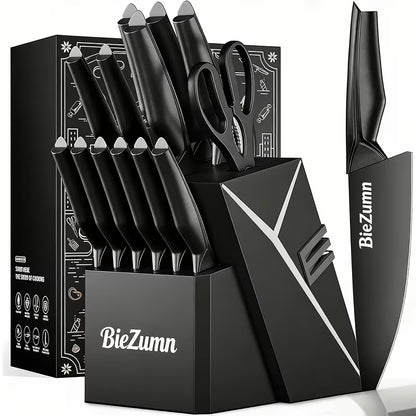 15-Piece Stainless Steel Kitchen Knife Set with Knife Block and Built-In Sharpener
