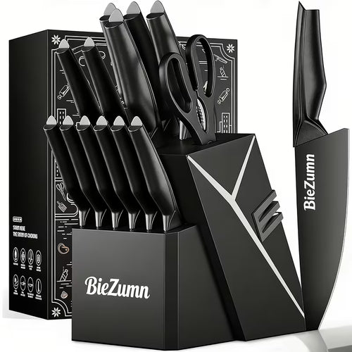 15-Piece Stainless Steel Kitchen Knife Set with Knife Block and Built-In Sharpener
