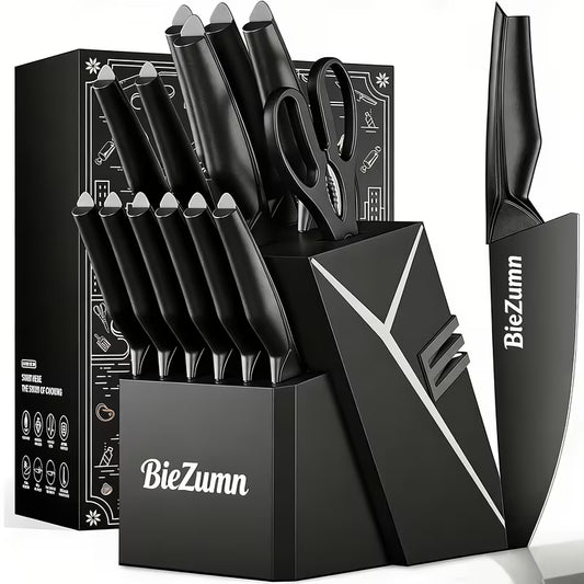 15-Piece Stainless Steel Kitchen Knife Set with Knife Block and Built-In Sharpener