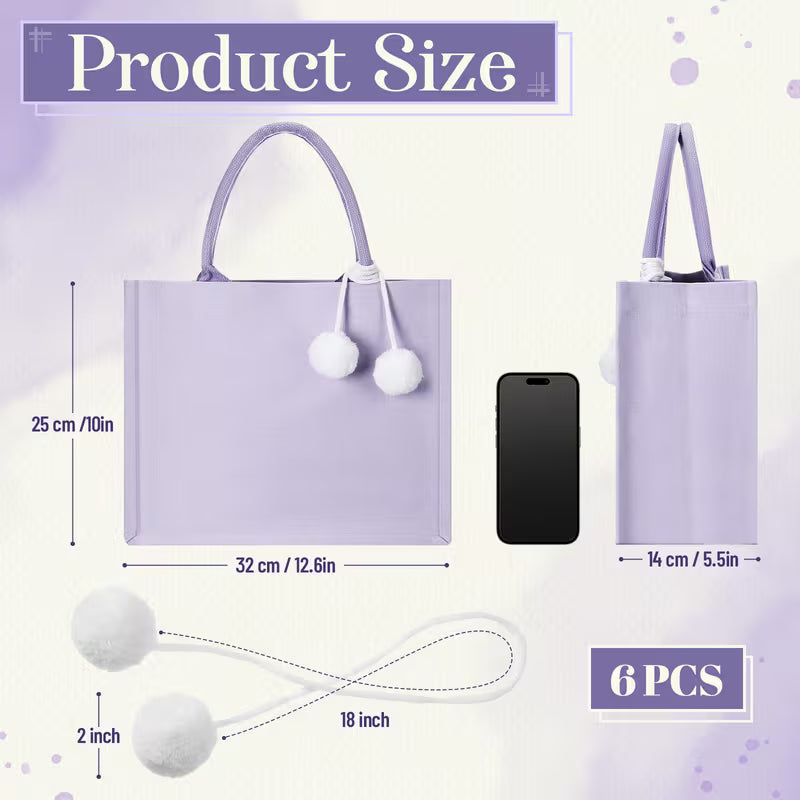 6-Piece Blank Canvas Tote Bag Set with Plush Balls and Handles, DIY Craft Bags for Halloween, Weddings, Bridesmaid Parties, Beach Trips and Everyday Use