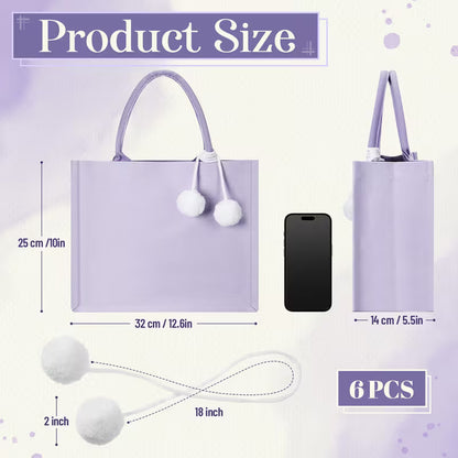 6-Piece Blank Canvas Tote Bag Set with Plush Balls and Handles, DIY Craft Bags for Halloween, Weddings, Bridesmaid Parties, Beach Trips and Everyday Use