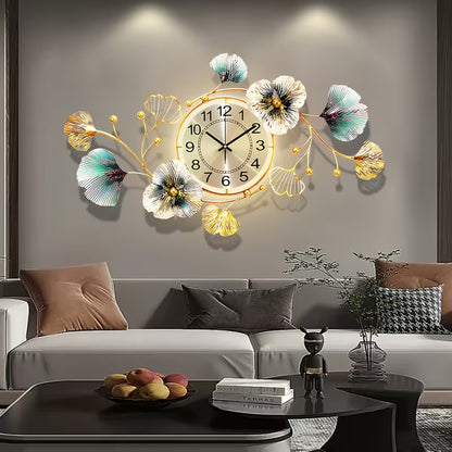 3D Ginkgo Leaf Metal Wall Clock – Large Silent Decorative Clock, 37 × 20 Inches