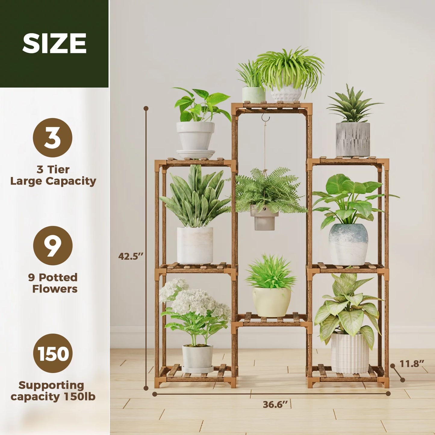 Wood Plant Stand 8 Pots Tiered Plant Shelf Indoor Outdoor Ladder Plant Rack with Hanging Design for Living Room Patio Balcony Garden