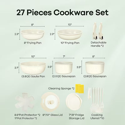 27-Piece Nonstick Cookware Set with Removable Handles, Induction-Compatible Pots and Pans, Lids and Kitchen Utensils, Space-Saving Cooking Set for Home and RV