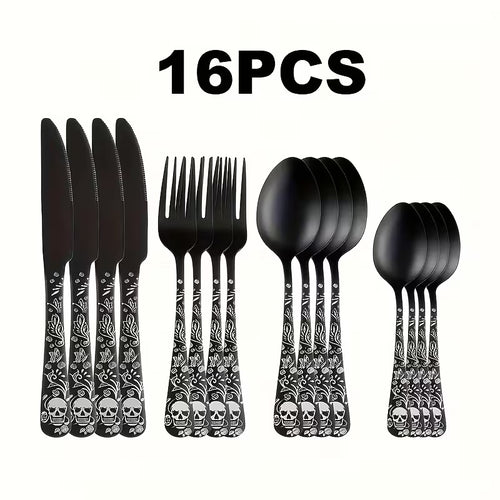 Gothic Skull & Rose Stainless Steel Flatware Set – 16/24-Piece Cutlery Service for 4 or 6