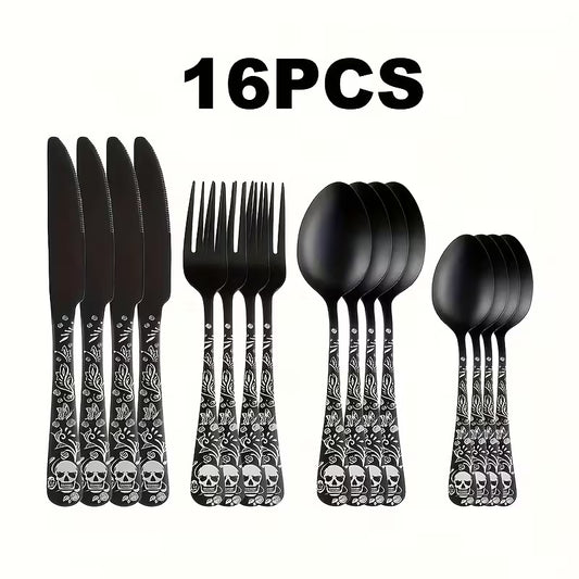 Gothic Skull & Rose Stainless Steel Flatware Set – 16/24-Piece Cutlery Service for 4 or 6
