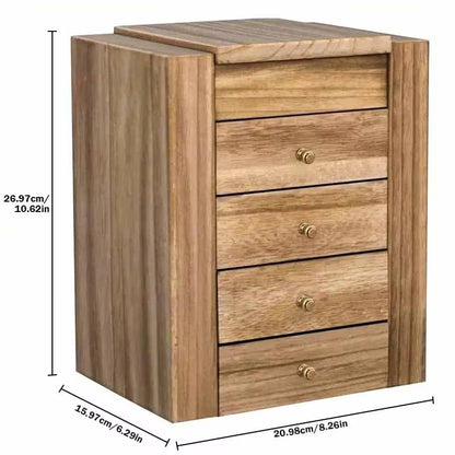 5-Layer Jewelry Storage Box with Mirror, Rustic Wooden Jewelry Organizer for Rings, Earrings & Necklaces