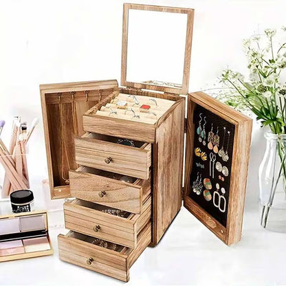 5-Layer Jewelry Storage Box with Mirror, Rustic Wooden Jewelry Organizer for Rings, Earrings & Necklaces