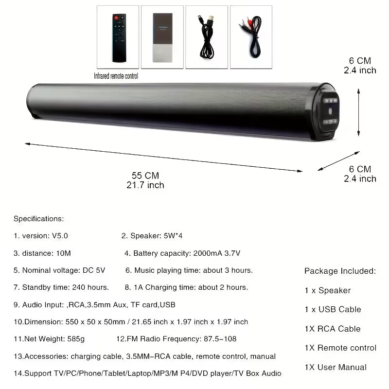 Wireless TV Soundbar with Surround Sound System, Remote Control, Four Subwoofers & Dual Air Ducts for Home Theater