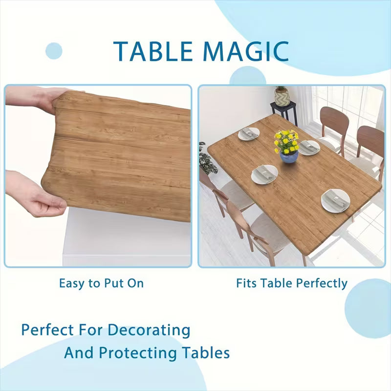 Vintage Wood-Grain Stretch Tablecloth with Elastic Edge – Brown Rectangular Table Cover
