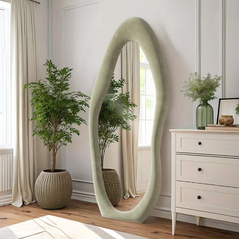 63" x 24" Irregular Full-Length Mirror – Full Body Floor & Wall-Mounted Mirror with Ivory Flannel Frame