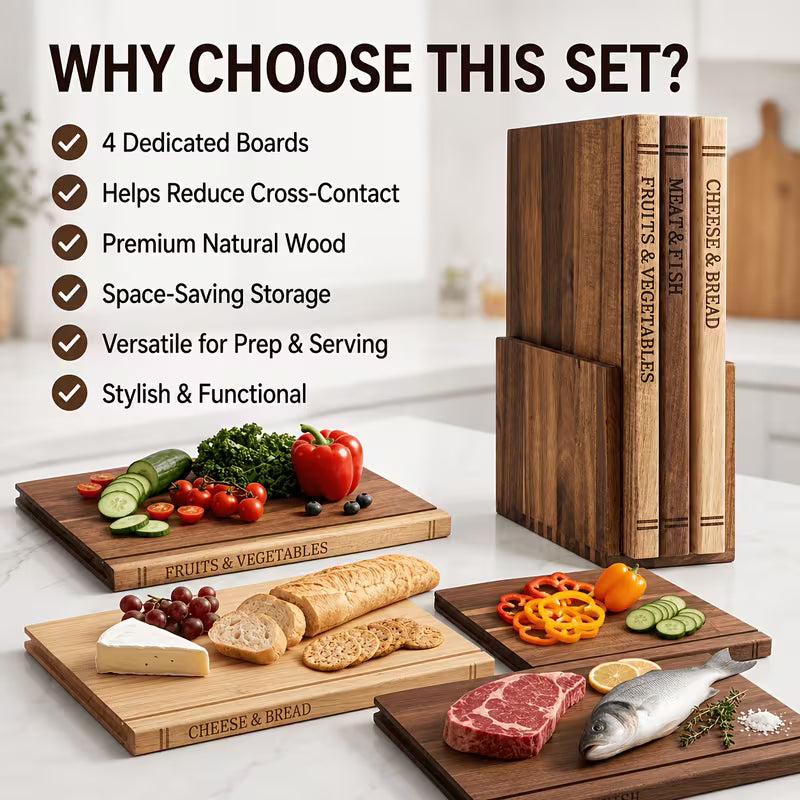 3-Piece Acacia Wood Cutting Board Set with Stand – Decorative Book-Style Chopping Boards for Kitchen