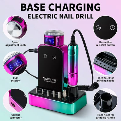 Professional Cordless Electric Nail Drill Machine, 45,000 RPM Rechargeable E-File with LCD Display and Brushless Motor for Acrylic, Gel Nails, Manicure & Pedicure