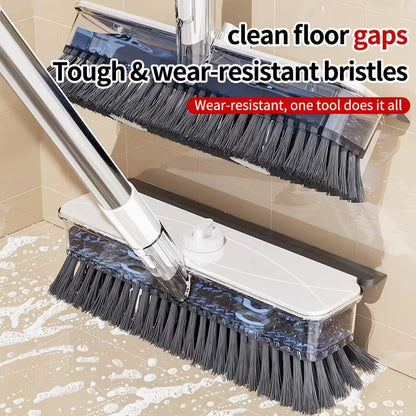 Extendable Long-Handle Floor Scrub Brush with Built-In Liquid Reservoir, Stiff Bristles & Flexible Squeegee for Bathroom, Tile & Floor Cleaning