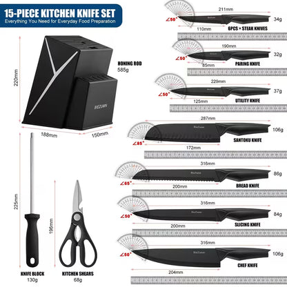 15-Piece Stainless Steel Kitchen Knife Set with Knife Block and Built-In Sharpener