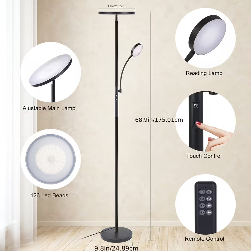 LED Floor Lamp with Reading Light – 27W 2300LM + 7W 350LM, Dimmable Standing Lamp with Remote & Touch Control