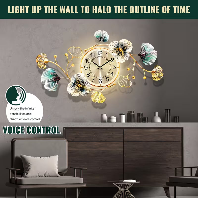 3D Ginkgo Leaf Metal Wall Clock – Large Silent Decorative Clock, 37 × 20 Inches