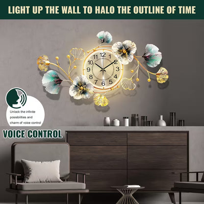 3D Ginkgo Leaf Metal Wall Clock – Large Silent Decorative Clock, 37 × 20 Inches