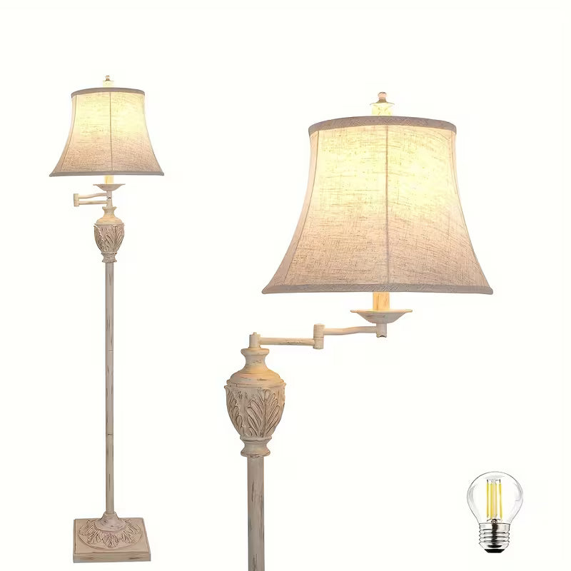 Traditional LED Floor Lamp with 350° Adjustable Swing Arm, Vintage Pole Design & Fabric Lampshade