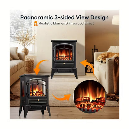 Portable Electric Fireplace Stove Heater, 5100 BTU, 1000W/1500W Adjustable Heat, Thermostat & Realistic Flame Effect