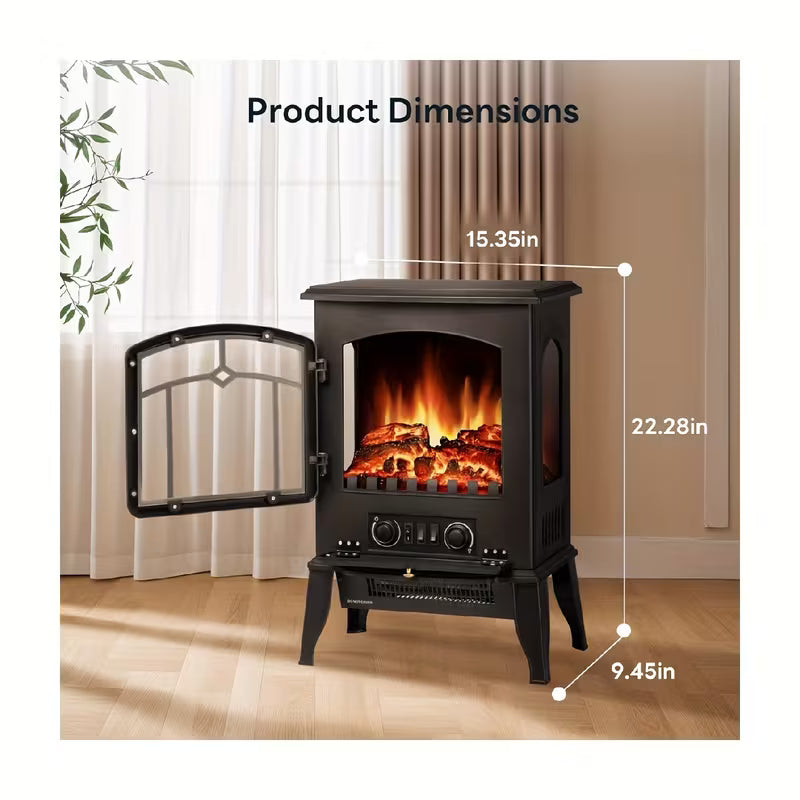 Portable Electric Fireplace Stove Heater, 5100 BTU, 1000W/1500W Adjustable Heat, Thermostat & Realistic Flame Effect