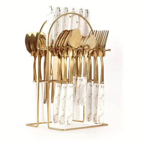 24-Piece Stainless Steel Tableware Set with Short Ceramic Handles – Elegant Dinner Knives & Dessert Spoons for Home, Restaurant & Hotel