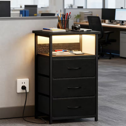 Nightstand with Charging Station, 3 Drawers & Storage Shelf