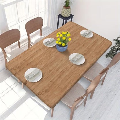 Vintage Wood-Grain Stretch Tablecloth with Elastic Edge – Brown Rectangular Table Cover
