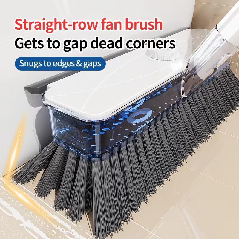Extendable Long-Handle Floor Scrub Brush with Built-In Liquid Reservoir, Stiff Bristles & Flexible Squeegee for Bathroom, Tile & Floor Cleaning