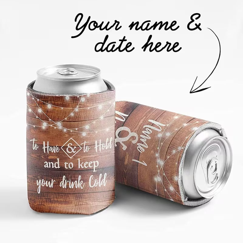 Personalized Wedding Can Cooler – Custom Bride & Groom Drink Holder