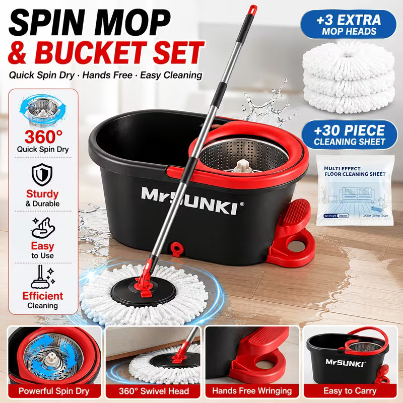360° Spin Mop and Bucket Cleaning Set with 3 Microfiber Heads, Adjustable 59-Inch Stainless Steel Handle & 30 Disposable Floor Pads