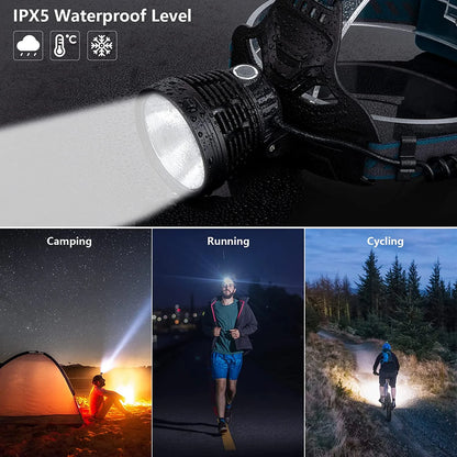 Adult LED Rechargeable Headlamp, 90000 Lumens Super Bright Headlamp Torch 90° Adjustable 4 Modes IPX5 Waterproof USB Rechargeable Headlamp for Camping