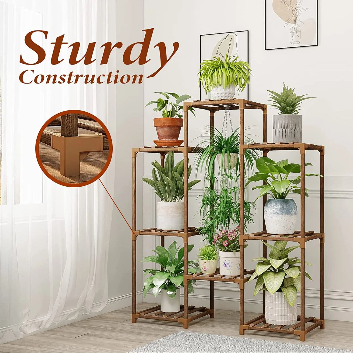 Wood Plant Stand 8 Pots Tiered Plant Shelf Indoor Outdoor Ladder Plant Rack with Hanging Design for Living Room Patio Balcony Garden