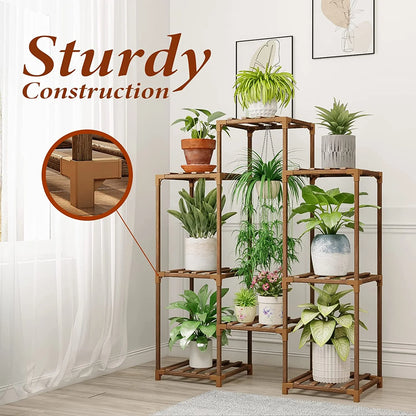 Wood Plant Stand 8 Pots Tiered Plant Shelf Indoor Outdoor Ladder Plant Rack with Hanging Design for Living Room Patio Balcony Garden