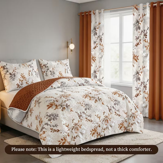 9-Piece Orange Leaf Print Bedding Set with Matching Curtains – Machine-Washable Polyester