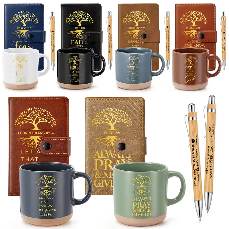 18-Piece Christian Religious Gift Set for Men and Women, Bible Verse Ceramic Coffee Mug, Tree of Life Leather Journal, Pens and Church Party Favors, Inspirational Gift Set for Teacher, Nurse, Pastor and Bible Study
