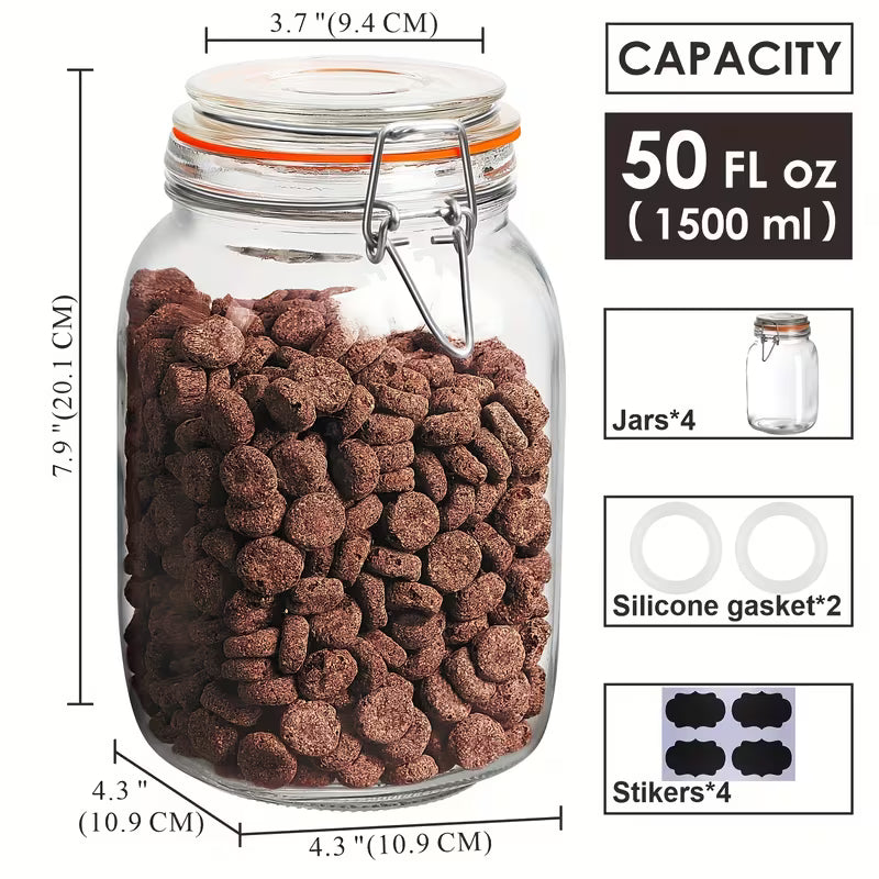 4-Pack 50 oz Glass Storage Jars with Airtight Lids