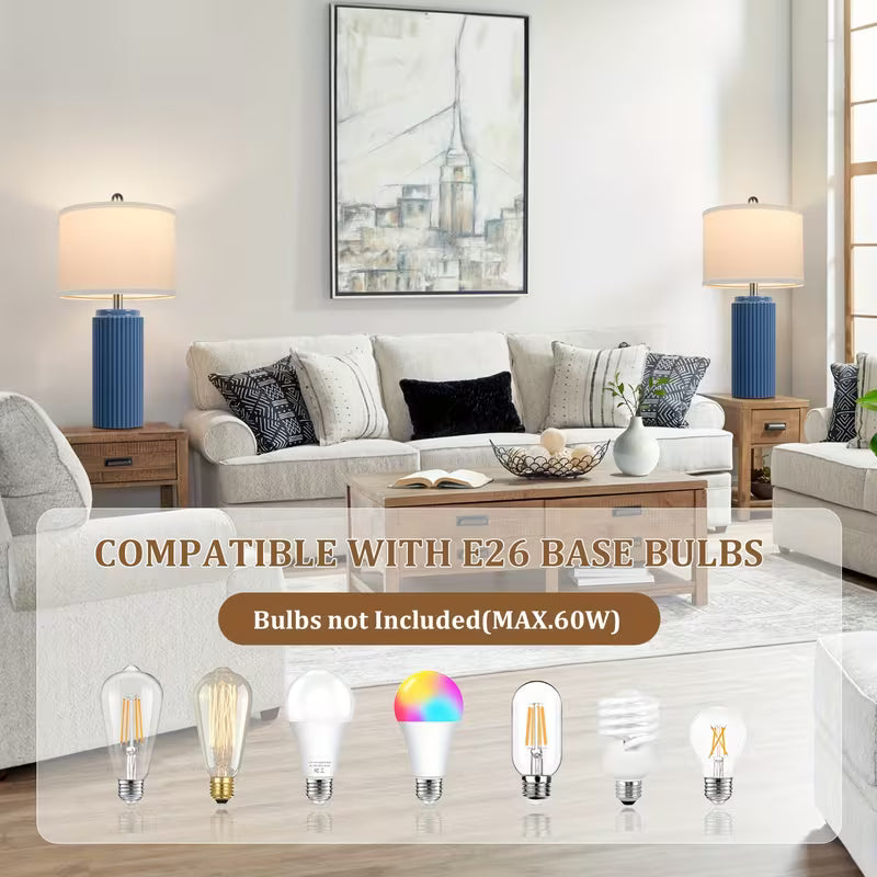 Set of 2 Ceramic Table Lamps with White Linen Shades – Vintage Rustic Bedside Lamps