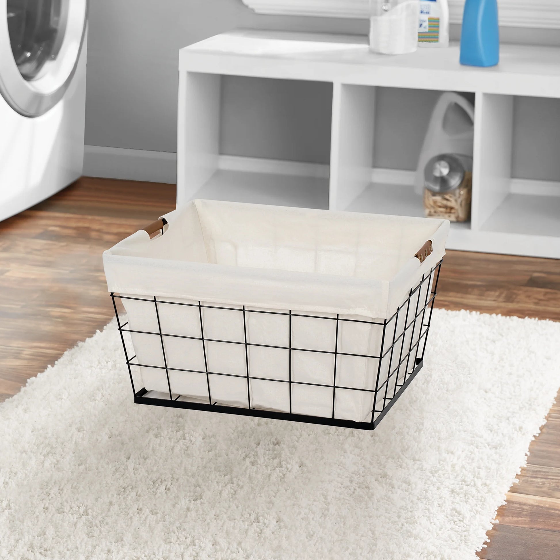 60L Rectangular Steel Wire Laundry Basket with Removable Cotton-Blend Liner, Black & Natural