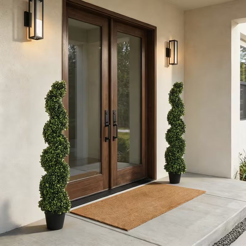 Set of 2 Artificial Boxwood Spiral Topiary Trees – Realistic Green Decorative Plants for Indoor & Outdoor Spaces