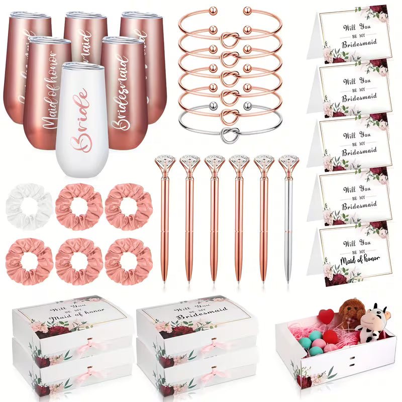 34-Piece Bridesmaid Proposal Gift Set, 5 Proposal Boxes, 6 Wine Tumblers, 6 Love Knot Bracelets, 6 Pens, 5 Bridesmaid Cards and Hair Ties, Elegant Rose Gold Wedding Party Gift Set
