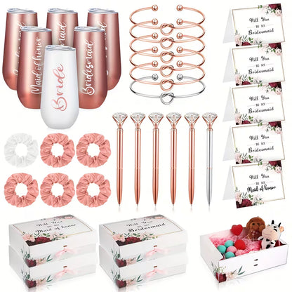 34-Piece Bridesmaid Proposal Gift Set, 5 Proposal Boxes, 6 Wine Tumblers, 6 Love Knot Bracelets, 6 Pens, 5 Bridesmaid Cards and Hair Ties, Elegant Rose Gold Wedding Party Gift Set