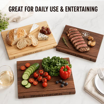 3-Piece Acacia Wood Cutting Board Set with Stand – Decorative Book-Style Chopping Boards for Kitchen
